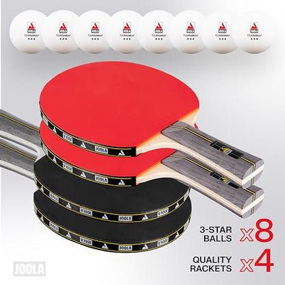 JOOLA Helio 4-Player Table Tennis Set - 4 Premium Ping Pong Paddle Rackets, 8 High-Performance White 3-Star Table Tennis Balls, Beginner Friendly Starter Kit for Maximum Control, 12 Piece Set