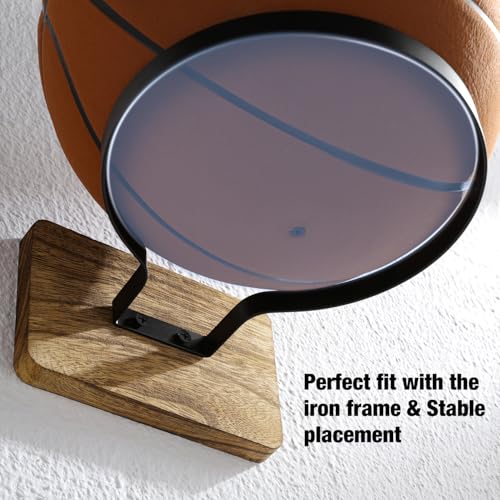 Wall Mount Basketball Holder with Wooden Base – Ball Storage Display Rack for Autograph Basketball, Football, Soccer, Volleyball – Sports Organizer for Player Fans, Home Gym, Bedroom, Garage