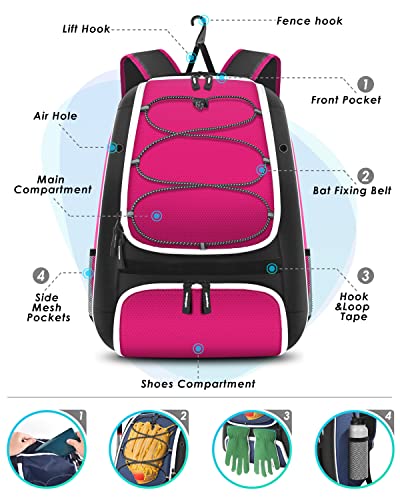 BROTOU Baseball Bag, Softball Bag for Baseballgear & T-Ball Bat, Baseball Backpack with Shoes Compartment for Men/Women - color: Pink