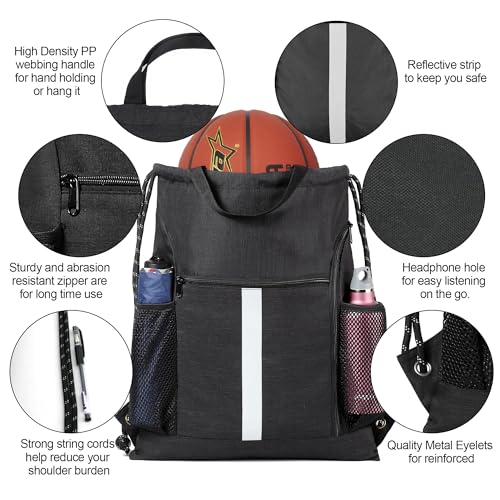 BeeGreen Mix-Black-Drawstring-Backpack-Bag, Large String Sack with Shoe Compartment and Two Side Mesh Pockets Lightweight Sturdy For Gym - color: Mix Black, style: Drawstring With Shoe Compartment