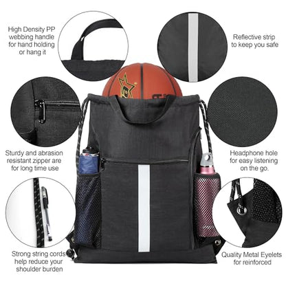 BeeGreen Mix-Black-Drawstring-Backpack-Bag, Large String Sack with Shoe Compartment and Two Side Mesh Pockets Lightweight Sturdy For Gym - color: Mix Black, style: Drawstring With Shoe Compartment
