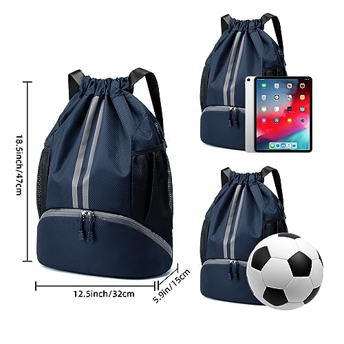 Valleycomfy Sports Drawstring Backpack - Water Resistant String Bag with Side Mesh Pockets Shoe Compartment Gym Backpack for Women & Men Dark Blue - color: A-dark Blue