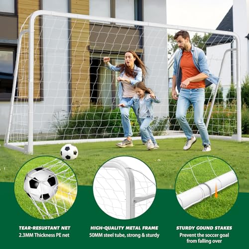 NAIZEA Soccer Goals - 24x8/21x7/18x7/12x6/16x7/10x6/8x6/6x4FT Soccer Goals for Backyard Training- Portable Metal Soccer Net for Youth & Adults - Heavy Duty Steel for Indoor Outdoor Games & Practice - size: 12ft x 6ft, style: Trainer-White/Steel