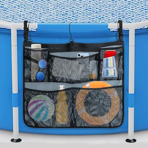 Pool Side Storage mesh bag, 24 x20" Above Ground Swimming Pool side Hanging Organizer Net Basket for Towels, Cups, Toys, Outdoor Pool Accessories with Hooks Attaches to Poolside and Fence (Black) - size: Small