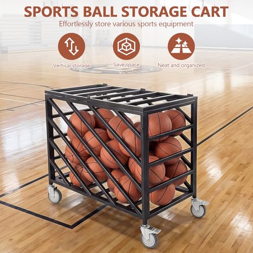 Ball Storage Cart with Wheels Rolling Exercise Ball Holder with Lockable Lid Basketball Rack for Volleyball Gym Recess Soccer Playground