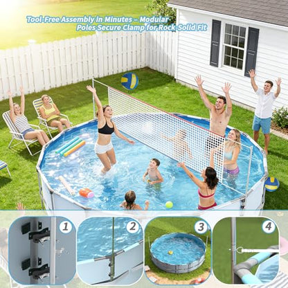 Above Ground Pool Volleyball Net Set, Adjustable 10-27FT Width Swimming Pool Volleyball Net, Outdoor Poolside Games with Ball, Carry Bag, Pump, Poles - Fun Swimming Water Games for Kids Adults Family