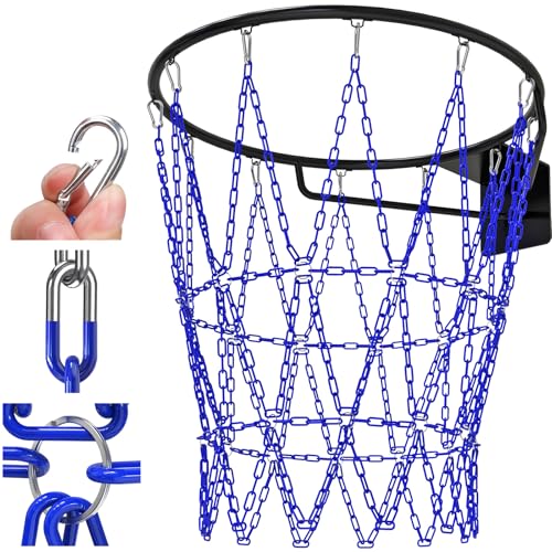 Insaga Chain Basketball Net Heavy Duty Metal - 19'' Basketball Chain Net for Hoop Outdoor Indoor Replacement, Rustproof Steel Chain Net for Standard 12-Loop Rim, Easy to Install - color: Blue A