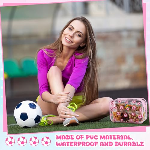 Kacctyen 24 Pcs Pink Soccer Clear Makeup Bag with Zipper Bulk Sport Goodie Clear PVC Pouch Organizer Waterproof Travel Case for Woman Team Gifts Birthday Decorations Supplies Favors - style: Pink Soccer
