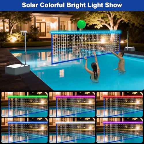 Pool Volleyball Net Set with Bright LED Lights, Solar Volleyball Net with 15-32FT Adjustable Length for Inground Pools, Water Volleyball Net with 2 Balls & Pump for Swimming Pool Party & Games