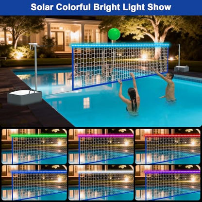 Pool Volleyball Net Set with Bright LED Lights, Solar Volleyball Net with 15-32FT Adjustable Length for Inground Pools, Water Volleyball Net with 2 Balls & Pump for Swimming Pool Party & Games