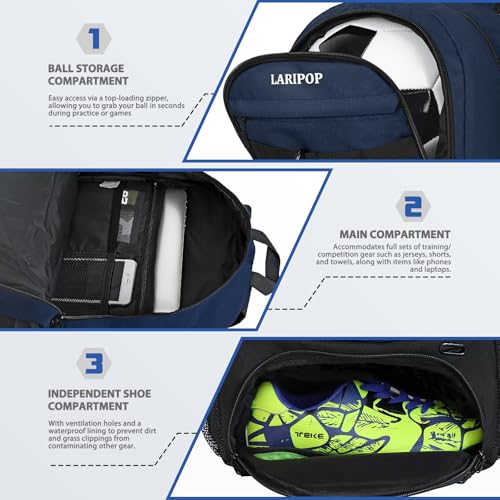 LARIPOP Soccer Backpack with Ball Holder & Shoe Compartment Large Capacity Youth Sports Bag for Training - color: Dark Blue