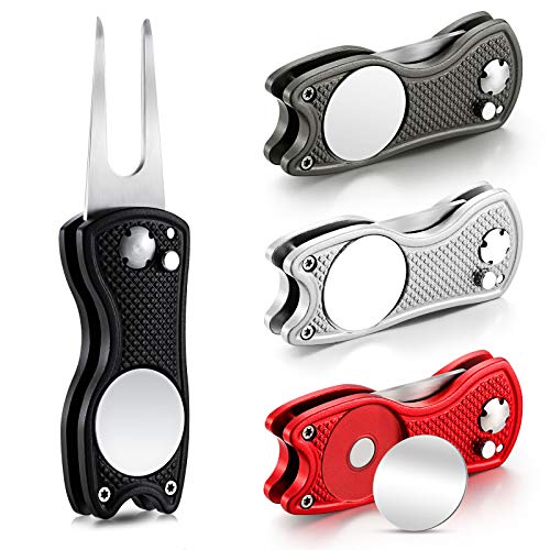 Skylety 4 Pcs Golf Divot Repair Tool Metal Foldable Golf Divot Tool with Magnetic Pop-up Button Ball Marker Stainless Steel Switchblade for Golfers Prizes - color: Red, Silver, Gray, Black