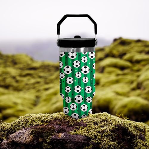 30 oz Tumbler with Handle Flip Straw Leak Proof - Soccer Cup 30oz Tumbler Travel Coffee Mug with Handle - Birthday Gifts for Women Men Soccer Lovers Fans 30 Ounce Stainless Steel Cup - color: Soccer Green