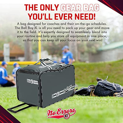 No Errors Ball Boy XL Wheeled Baseball Coaches Bag - Heavy Duty Baseball and Softball Bag for Coaches - Holds Two 6 Gallon Ball Buckets and Coaching Equipment - color: Graphite