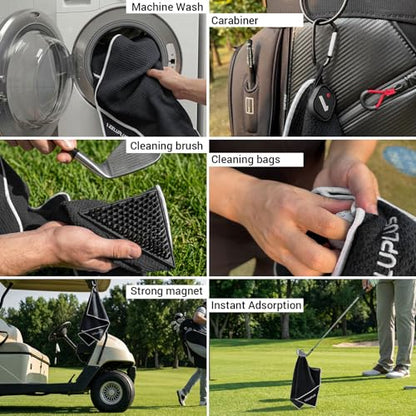 4-in-1 Magnetic Golf Towel with Brush & Cleaning Pocket - Premium Construction Golf Towel- Super Strong Golf Club Cleaner- Microfiber Waffle Design-15.7" X 23.6" Golf Accessories and Gifts for Men - color: Black