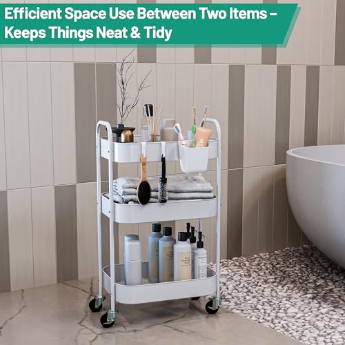 3-Tier Metal Rolling Cart with Wheels, Storage Utility Organizer Cart for Kitchen, Bathroom, Office, Baby Essentials & Makeup - Lockable Casters, Easy Assembly, Large Capacity, White