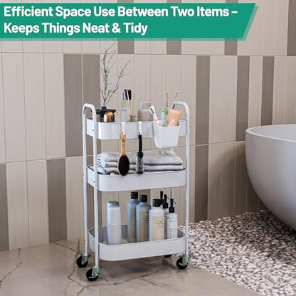 3-Tier Metal Rolling Cart with Wheels, Storage Utility Organizer Cart for Kitchen, Bathroom, Office, Baby Essentials & Makeup - Lockable Casters, Easy Assembly, Large Capacity, White