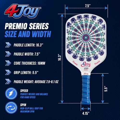 4Joy Pickleball Paddle Premio Series - Thermoformed Premium T700 Carbon Fiber Pickleball Paddless - Professional Pickleball Rackets for Women & Men - 16mm Honeycomb Core - USAP Approved - style: Fitz