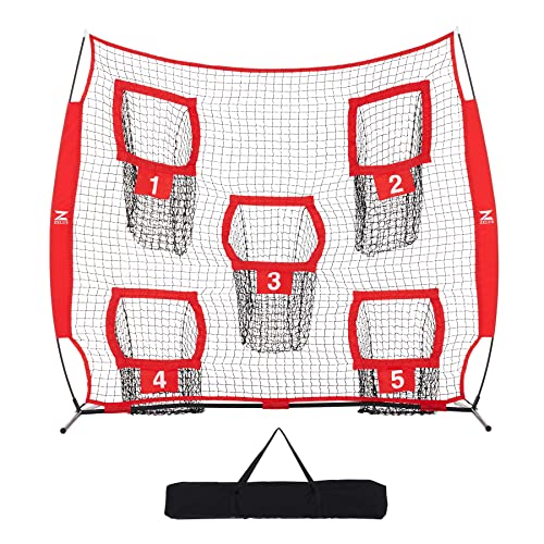 ZELUS 7 x 7ft Football Trainer Throwing Net | Training Target Practice with 5 Targets | Great for Quarterback | Includes Carry Bag - color: Red