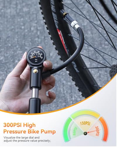 Onvian Portable Bike Pump with Gauge, 300 PSI High Pressure Bicycle Tire Pump & Shock Pump, Mini Hand Pump for Presta and Schrader Valve, Front Fork Rear Suspension, Air Bleed Button