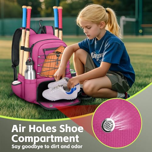 MATEIN Baseball Bat Bag for 4 Bats with Ball Pocket, Lightweight Youth Baseball Backpack with Shoe Compartment, Large Capacity Softball Equipment Bag with Fence Hook for TBall Gear, Helmet, Glove - color: Pink