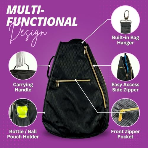 Womens Tennis Backpack - Taboo Fashions Ladies Tennis Bag Holds Two Racquets, Padded Straps and Side Carry Handle - color: Black, Gold