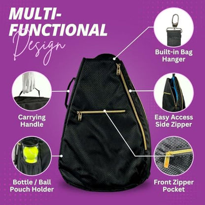Womens Tennis Backpack - Taboo Fashions Ladies Tennis Bag Holds Two Racquets, Padded Straps and Side Carry Handle - color: Black, Gold