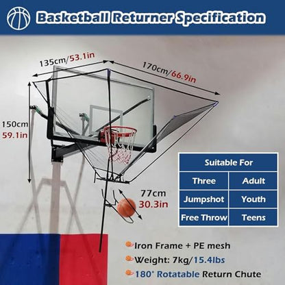 Basketball Hoop Returner Return Attachment Rebounder Metal with Rotation Slot Gym Net for Home School Playground Outdoor Court Shooting T