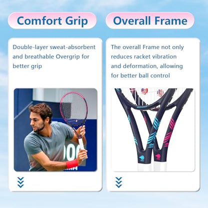 Adult 2 Player Tennis Racket Perfect for Beginner and Professional Players, 27” Speed Tennis Racquet Include Tennis Balls, Overgrips, Tennis Bag, Vibration Dampe, Cover - color: Black Blue & Pink