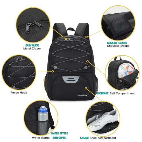 Hsmihair Youth Soccer Bag-Soccer Backpack&Backpack for Football Basketball,with Ball Compartment Separate Cleat Package - color: Black