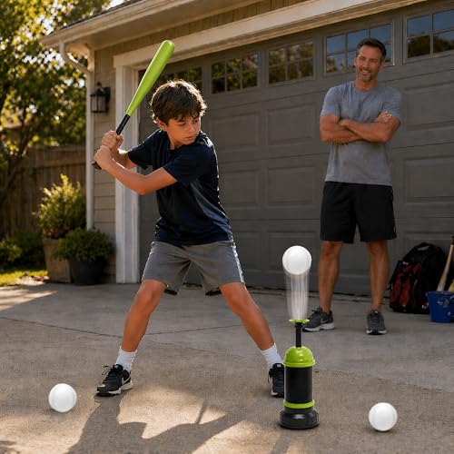 Pop Up Baseball Trainer Set for Kids, Backyard Fun, No Pitch Needed, Beginner Batting Practice Toy with Launcher, Bat, Balls & Carry Bag (Green) - color: Green