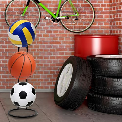 QWORK Basketball Ball Storage Rack – Vertical 3-Tier Design, Wall-Mountable or Freestanding, Space-Saving Solution for Basketball, Football, and Volleyball Storage