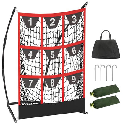 Queension 9 Hole Pitching Target Net with Strike Zone, Baseball Batting Net with Target Pockets, Pitching Net with Ground Stakes and Sandbags for Baseball Training - color: Black