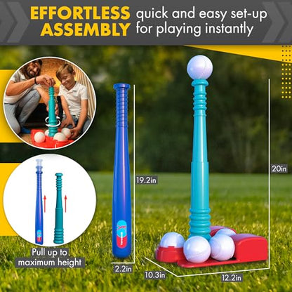 T Ball Stand for Kids and Toddlers 3-5, 5-8. Baseball Set Includes 6 Large Balls, an Adjustable Tball Batting Tee, and a Storage Net. Kids Bat & Teeball, T-Ball Sets for Kids