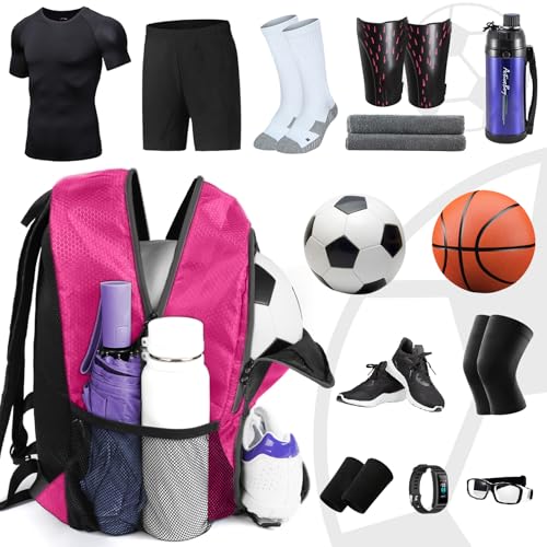 YOREPEK Soccer Backpack,Soccer Bag with Ball Holder, Water resistant Sport Equipment Bags Fit Basketball Volleyball Football - color: Deep Pink