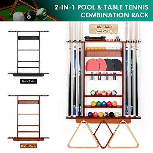 XCSOURCE Pool Cue Rack, 2-in-1 Pool Stick & Ping Pong Paddle Holder, 100% Solid Pine Wood Wall Mount Holds Billiards and Table Tennis Accessories for Man Cave, Billiard Room, Game Room - color: 2-IN-1 Cherry