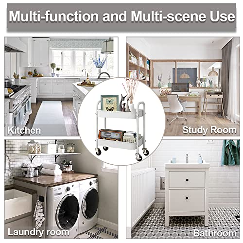 2 Tier All-Metal Rolling Cart, Rolling Storage Cart with Handle and Locking Wheels Kitchen Cart Laundry Office Bathroom Storage Organizer Cart, White - size: 2 Tier White
