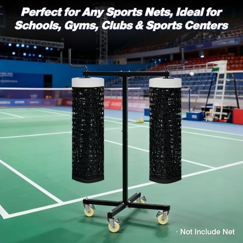 Movable Sports Net Storage Rack with Lockable Wheels, Heavy-Duty Holder for Volleyball, Tennis, Pickleball, Badminton Nets, Space-Saving Support Rack with Swivel Handle & Dust Covers - style: Holds 2 Nets