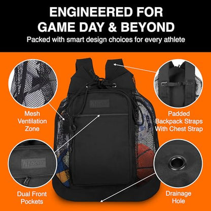 Fitdom Heavy Duty Small Mesh Equipment Ball Bag w/Adjustable Backpack Shoulder Strap Design for Coach. 3 Different Size Compartments. Perfect for Soccer Football Volleyball Basketball & Water Sports