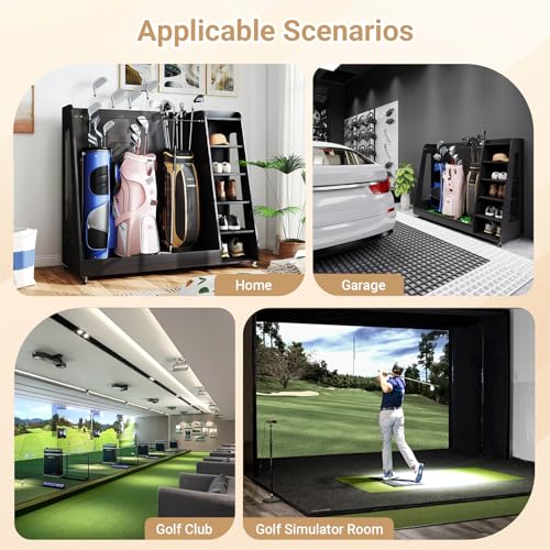 Zevemomo Wooden Golf Bag Organizer with Wheels, Golf Storage Organizer for Garage, 3 Golf Bag Storage Rack, Holds 3 Golf Bags and Golf Equipment, Suitable for Garage Home Golf Club, Black