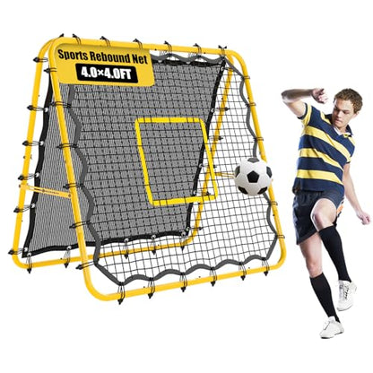 Double-Sided Soccer Rebound Net, 4×4FT Baseball Volleyball Softball Pitchback Net, Multi-Angle Adjustable Rebound Net, as a Gift for Children, Teen, Adults,Yellow