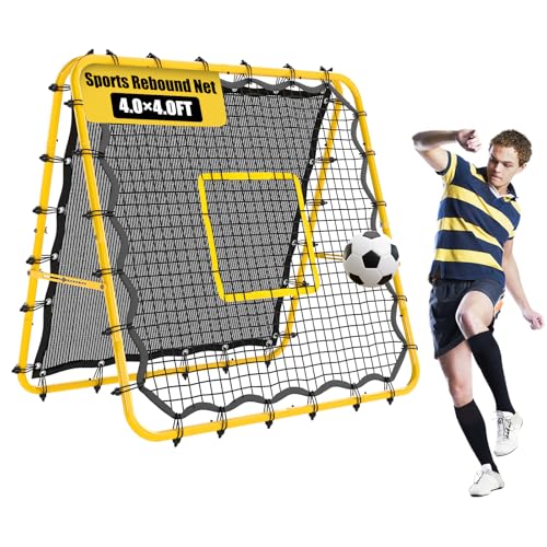 Double-Sided Soccer Rebound Net, 4×4FT Baseball Volleyball Softball Pitchback Net, Multi-Angle Adjustable Rebound Net, as a Gift for Children, Teen, Adults,Yellow