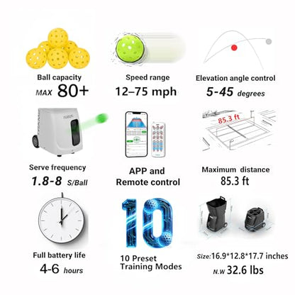 Smart Pickleball Machine with App & Remote Control, External Oscillation, 28 Landing Points, 10 Training Modes, 12-75 MPH, 85+ Ball Capacity, 4-6H Battery - color: Black