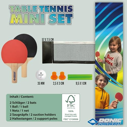 Donic-Schildkröt Tischtennis-Mini-Set FSC, Tischtennis im Miniformat, 2 FSC-Schläger, Netz mit Saugnapfpfosten, 1 Tischtennisball, in neuer Kartonverpackung