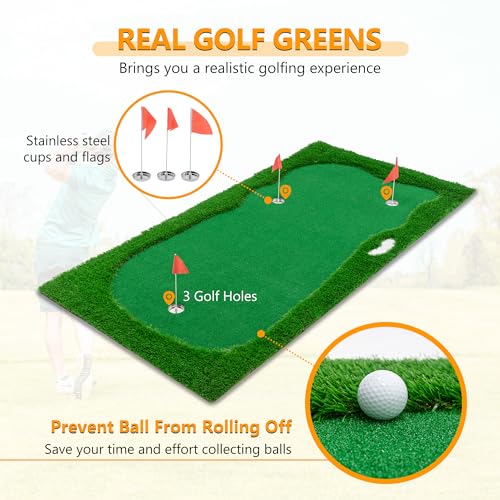 Premium Golf Putting Green Mat for Indoor & Outdoor, 3 Holes with Flags, Realistic Turf & Non-Slip Base, Practice Putting Mat with 6 Balls & Slope Pads - size: 9'10" x 4'11" (L x W)