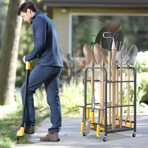 Ultrawall Garden Tool Organizer Stand, Yard Tool Storage Rack with Lockable Wheels, Garage Tool Storage for Rake, Brooms, Indoor & Outdoor Use - size: Small