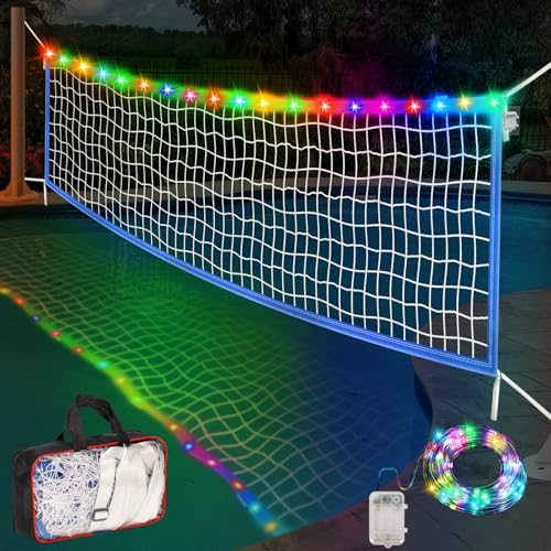 15 x 3FT Pool Volleyball Net with Light and Storage Bag,Adjustable Length 15ft-27ft Portable Pool Volleyball Net Replacement for Inground Pools,Light Up Pool Party Badminton Net for Backyard,Beach