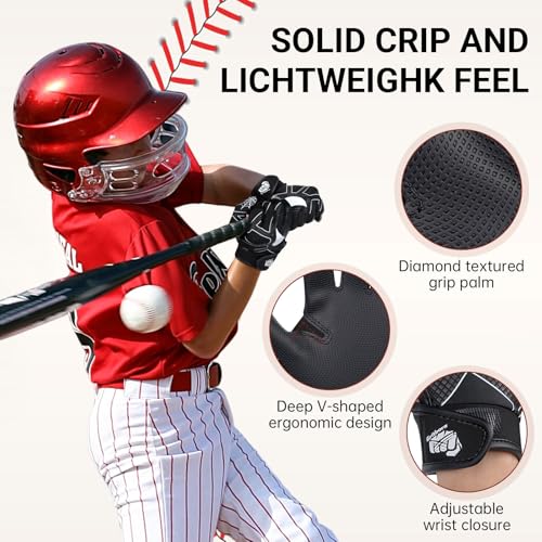 Kids Baseball Batting Gloves Youth Super Grip Softball/Teeball Gloves for Boys Girls