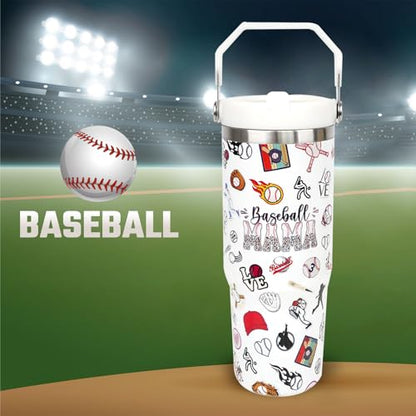 30 oz Tumbler with Handle Flip Straw Leak Proof - Baseball Mom Cup 30oz Tumbler Travel Coffee Mug with Handle - Birthday Gifts for Women Baseball Mom Mama Mothers Day 30 Ounce Stainless Steel Cup - color: Baseball Mom