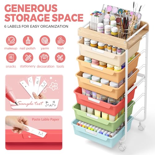 SYKIARIOL Rolling Cart with 6 Drawers,Utility Storage Cart with Drawers,Art Craft Organizers and Storage,Makeup Organizer with Wooden Tabletop,Rainbow